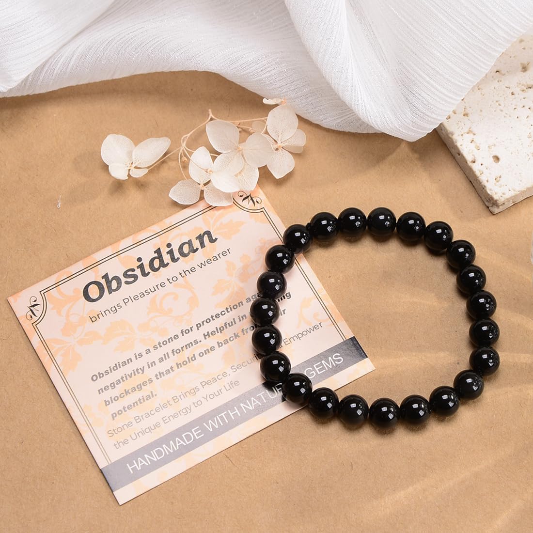 Massive Beads Black Obsidian - Stone of Pleasure - Handmade Yoga Stretch Elastic Bracelet Natural Stone Crystal Healing Power Energy Gifts for Unisex Adult 4mm