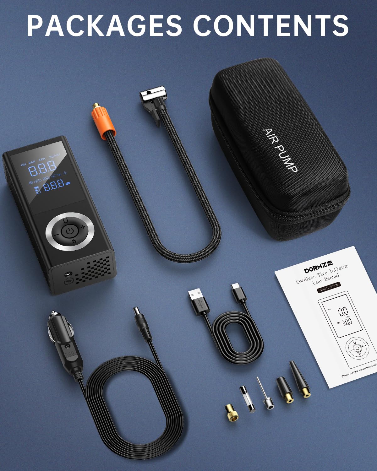 Cordless Tire Inflator Portable Air Compressor, 150 PSI Air Pump with Rechargeable Battery, Tire Pressure Gauge, 12V Car Power Adapter, Smart Air Pump for Car, Motorcycle, Bike, Ball