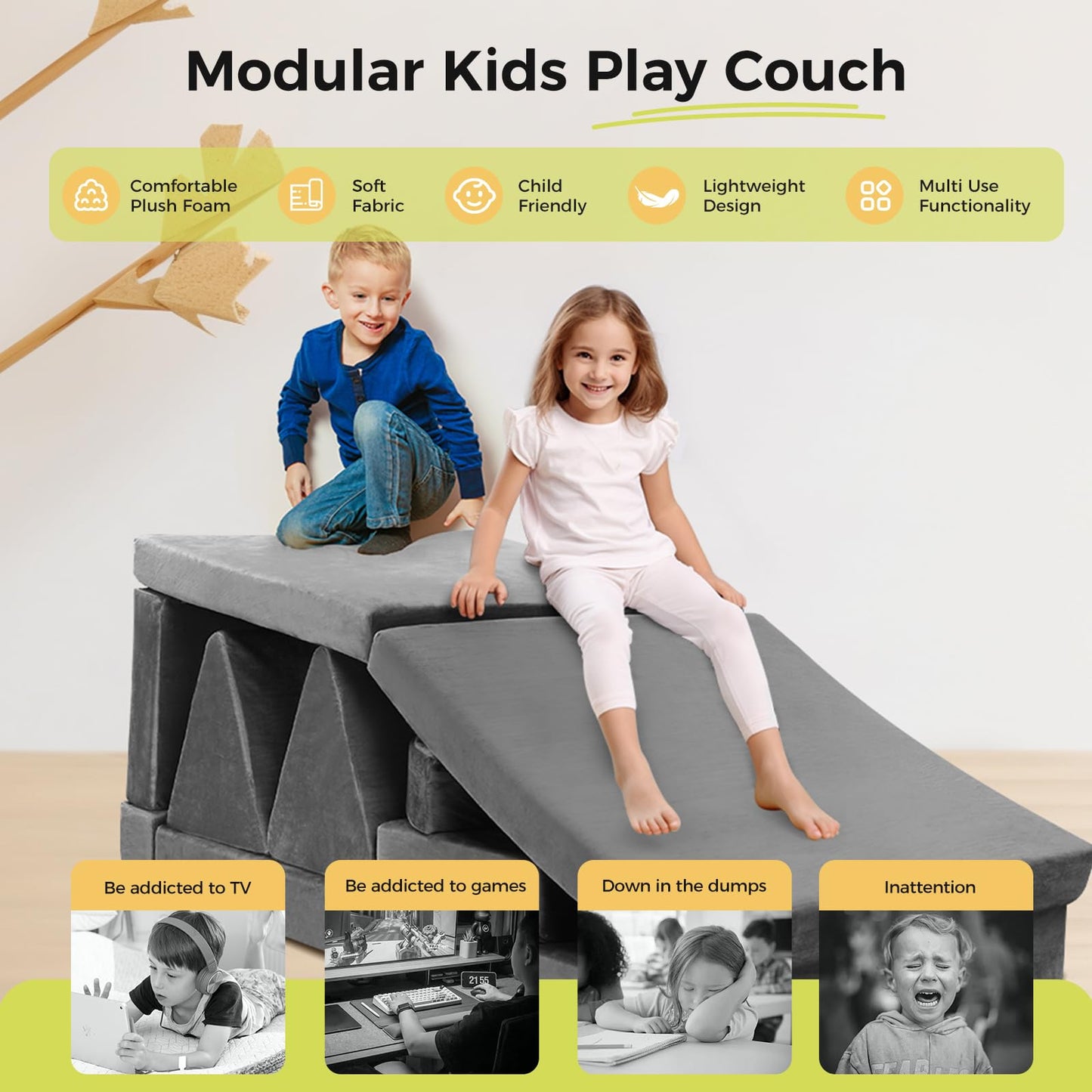 Modular Kids Play Couch, 18pcs Toddler Floor Sofa, Sectional Couch for Children, Fortplay Bedroom and Playroom Furniture for Playing, Creativing, Convertible Foam and Floor Cushion for Boys and Girls