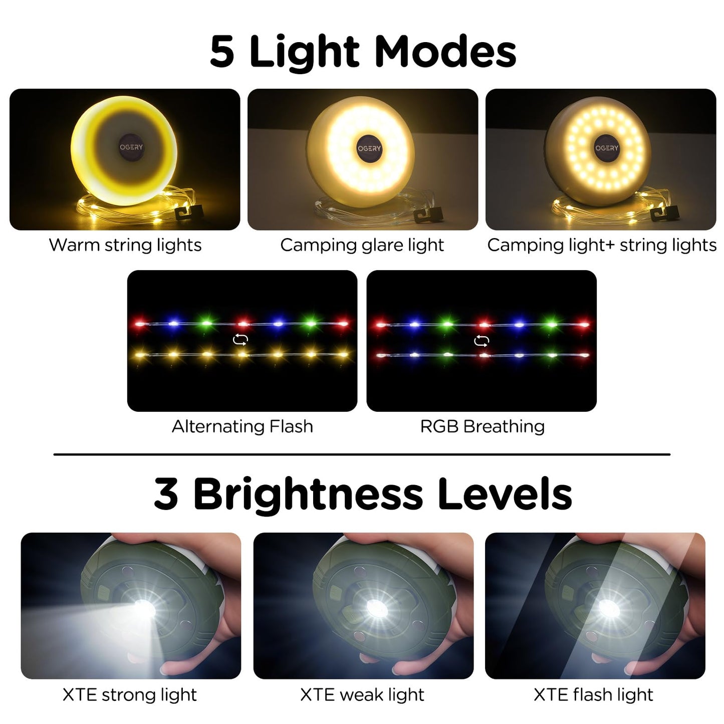 OGERY Camping String Lights, 4 in 1 Quick Storage 32.8FT Rechargeable Tent Lights String with 8 Lighting Modes, Hanging Waterproof Portable LED Lamp for Outdoor Patio Awning Garden Party Essentials