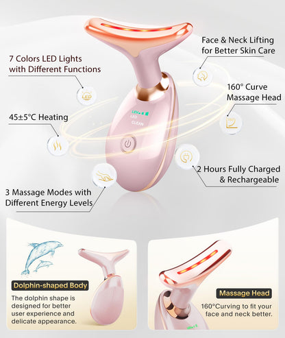 ELISHINE Light Based Face-Neck-Massager - 7 Color Portable Facial Massager for Skin Care, Glossy Pink