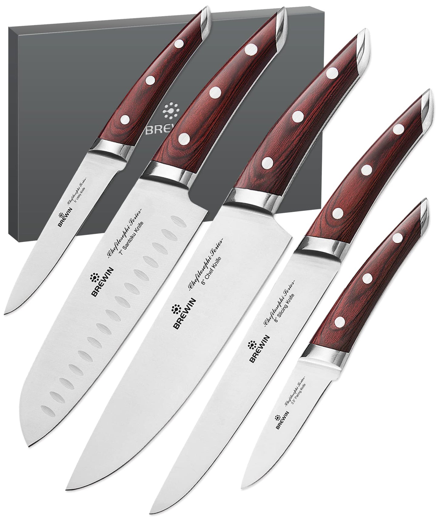 Brewin Chef's Knives, CHEFILOSOPHI Professional Chef Knife Set, Patented 5PCS Knife Set with Elegant Ergonomic Pakkawood Handle, Ultra Sharp Kitchen Knives, Japanese Chef Knife Set, Stainless Steel