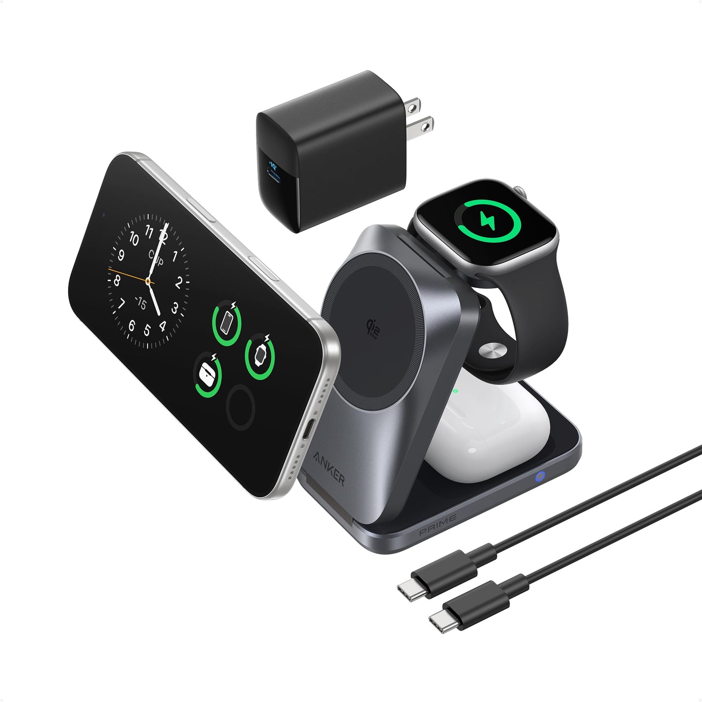 Anker Prime 3-in-1 Wireless Charging Station, MagSafe Charger Stand Compatible, Qi2.2 25W Certified Palm-Sized Foldable Charger for iPhone 17/16, Apple Watch, AirPods (Non-Battery, Adapter Included)