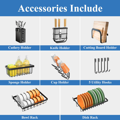 Over The Sink Dish Drainer Drying Rack - Expandable (26.8" to 34.6" W) Large Metal Dish Rack for Kitchen Counter, Kitchen Organizer with Adjustable Basket, Utensil Holder and Sponge Holder (Black)