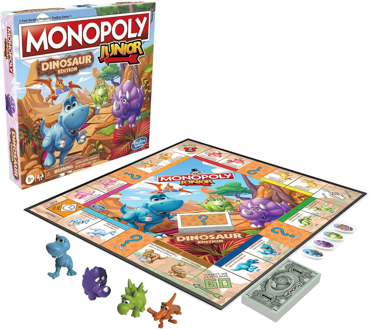 Hasbro Gaming Monopoly Junior Dinosaur Edition Game | Kids Board Games with Dino-Themed Toy Tokens | 2-4 Players for Boys & Girls | Ages 5+ (Amazon Exclusive)