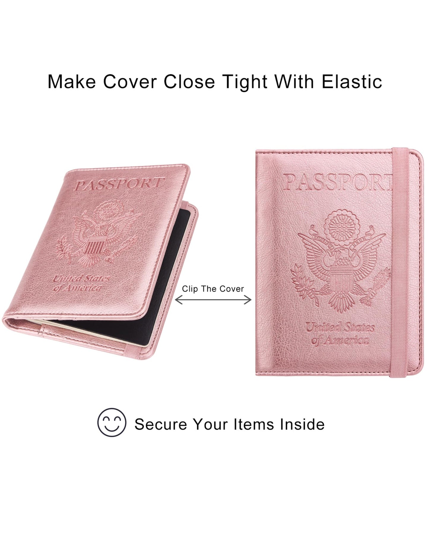 WALNEW Passport Holder for Travel, RFID Passport Cover Wallet for Women Men, PU Leather Passport Book Card Holder Case with Pen (Elastic Band Closure, A-Rosegold)