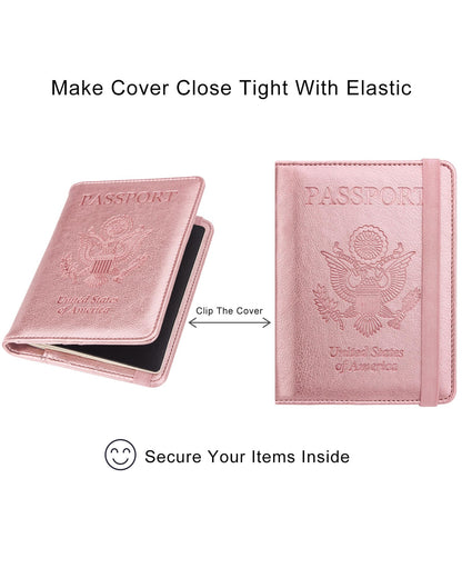 WALNEW Passport Holder for Travel, RFID Passport Cover Wallet for Women Men, PU Leather Passport Book Card Holder Case with Pen (Elastic Band Closure, A-Rosegold)