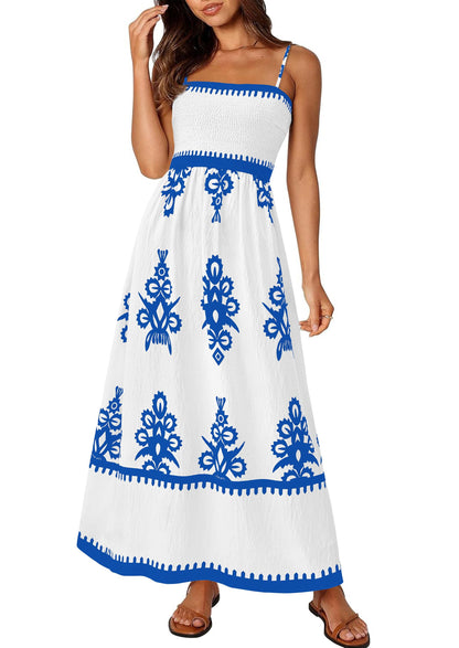 PRETTYGARDEN Summer Dress for Women 2025 Floral Sundress Spaghetti Strap Flowy Beach Vacation Boho Maxi Dresses (White Blue Floral,XX-Large)