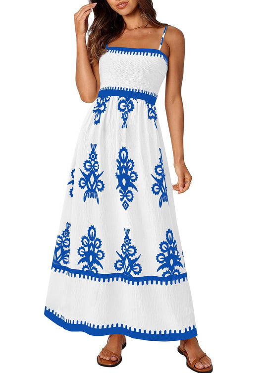 PRETTYGARDEN Summer Dress for Women 2025 Floral Sundress Spaghetti Strap Flowy Beach Vacation Boho Maxi Dresses (White Blue Floral,XX-Large)