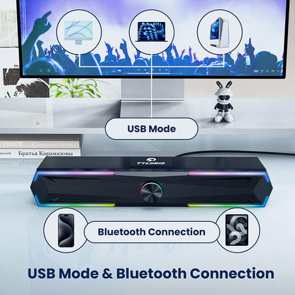 Tylubio Bluetooth Computer Speakers for Desktop with Clear Sound, Flowing LED Computer Speaker for Desktop Laptop Monitor, Bluetooth & USB Input - Black