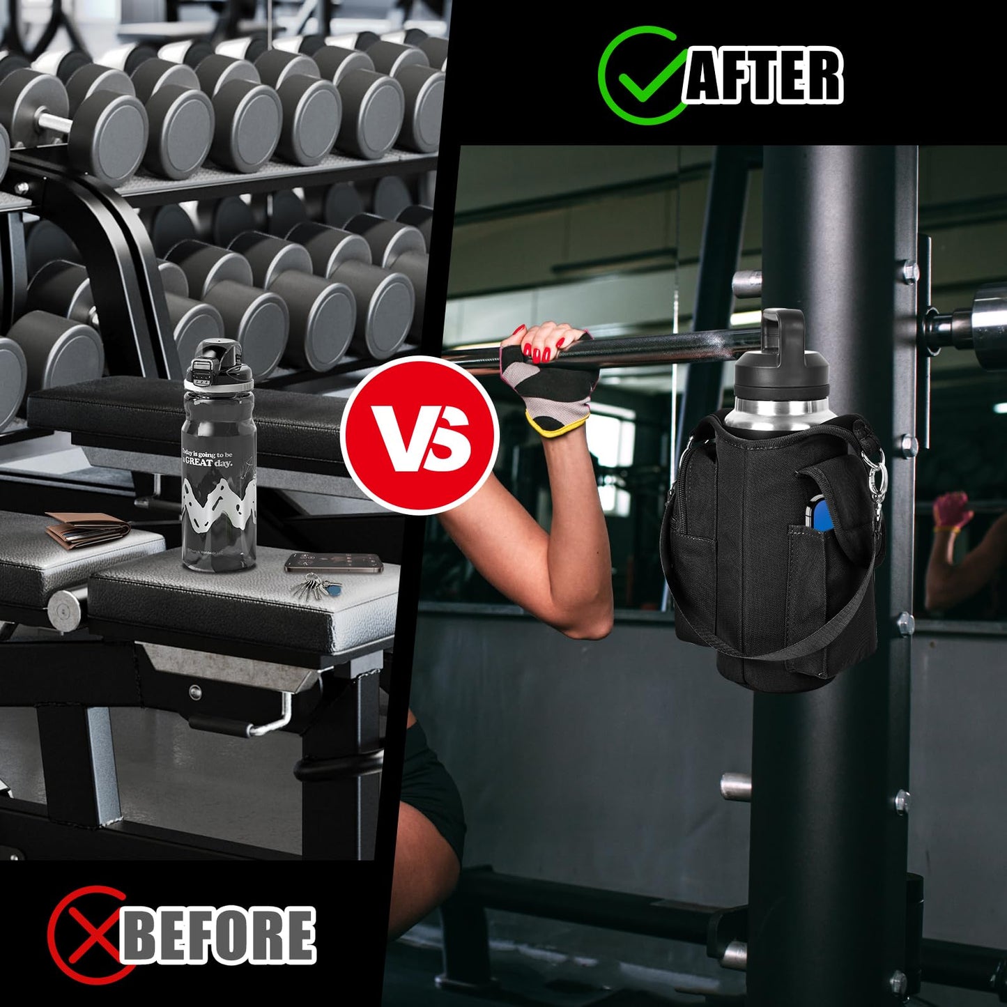 icolor Magnetic Gym Bag Water Bottle Carrier Holder with Phone Pockets & Shoulder Strap,5 Built-in Magnets Gym Bottle Pouch Sleeve,Magnetic Bag Gym Accessories Organizer for Men Women(PureBlack)