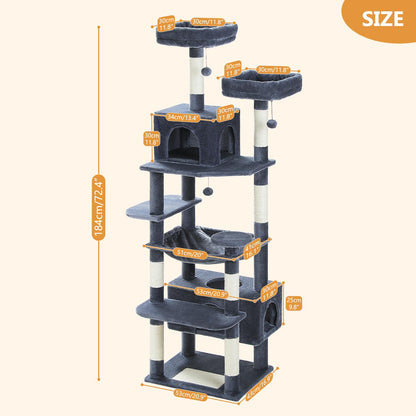 PAWZ Road Large Cat Tree, 72 Inches Cat Tower for Large Cats, Cat Condo with Sisal-Covered Scratching Posts and Pads, 2 Padded Perch, Dual Condo and Basket for Indoor Cats-Dark Gray