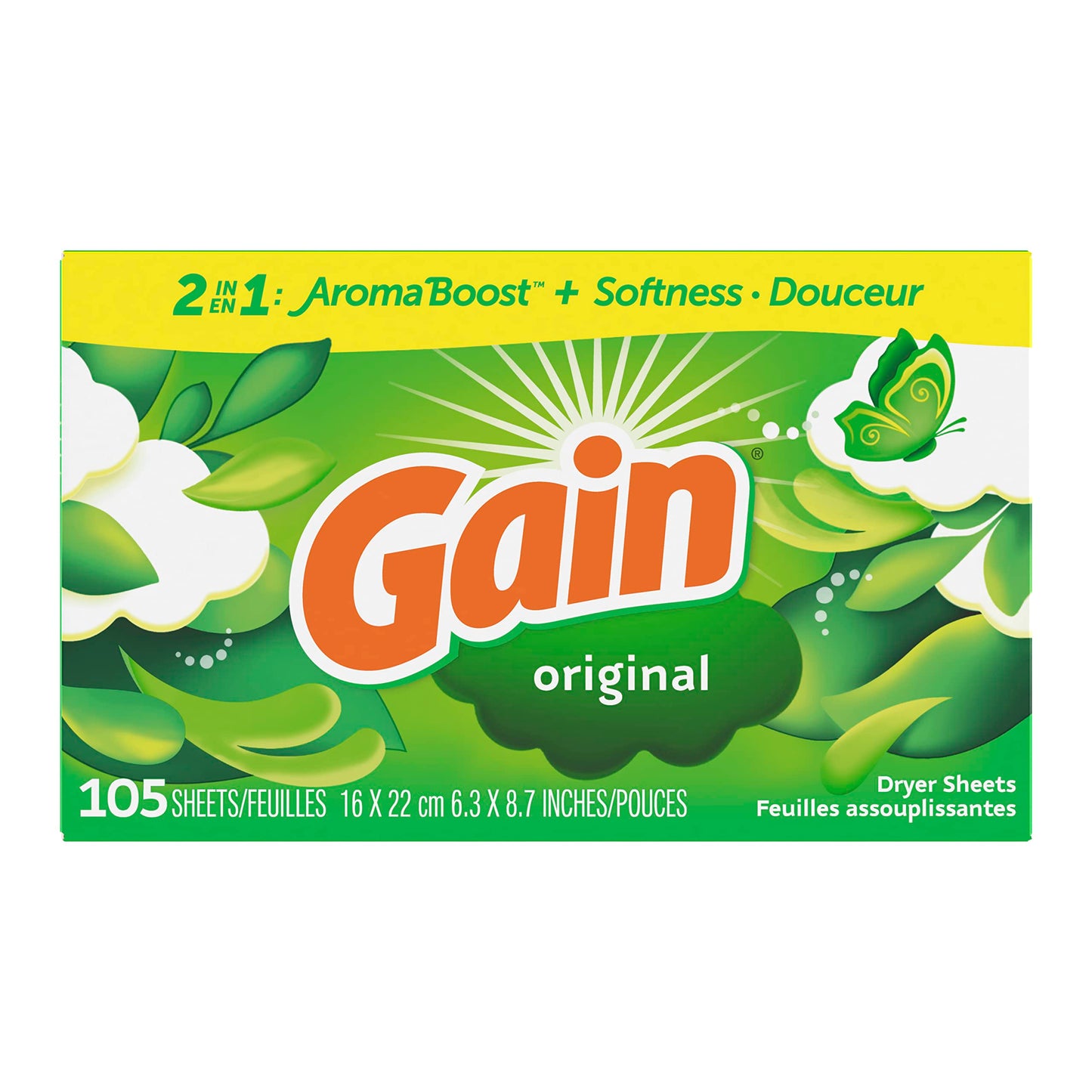 Gain dryer sheets, 105 Count, Original Scent Laundry Fabric Softener Sheets with 2-in-1 Aromaboost Plus Softness