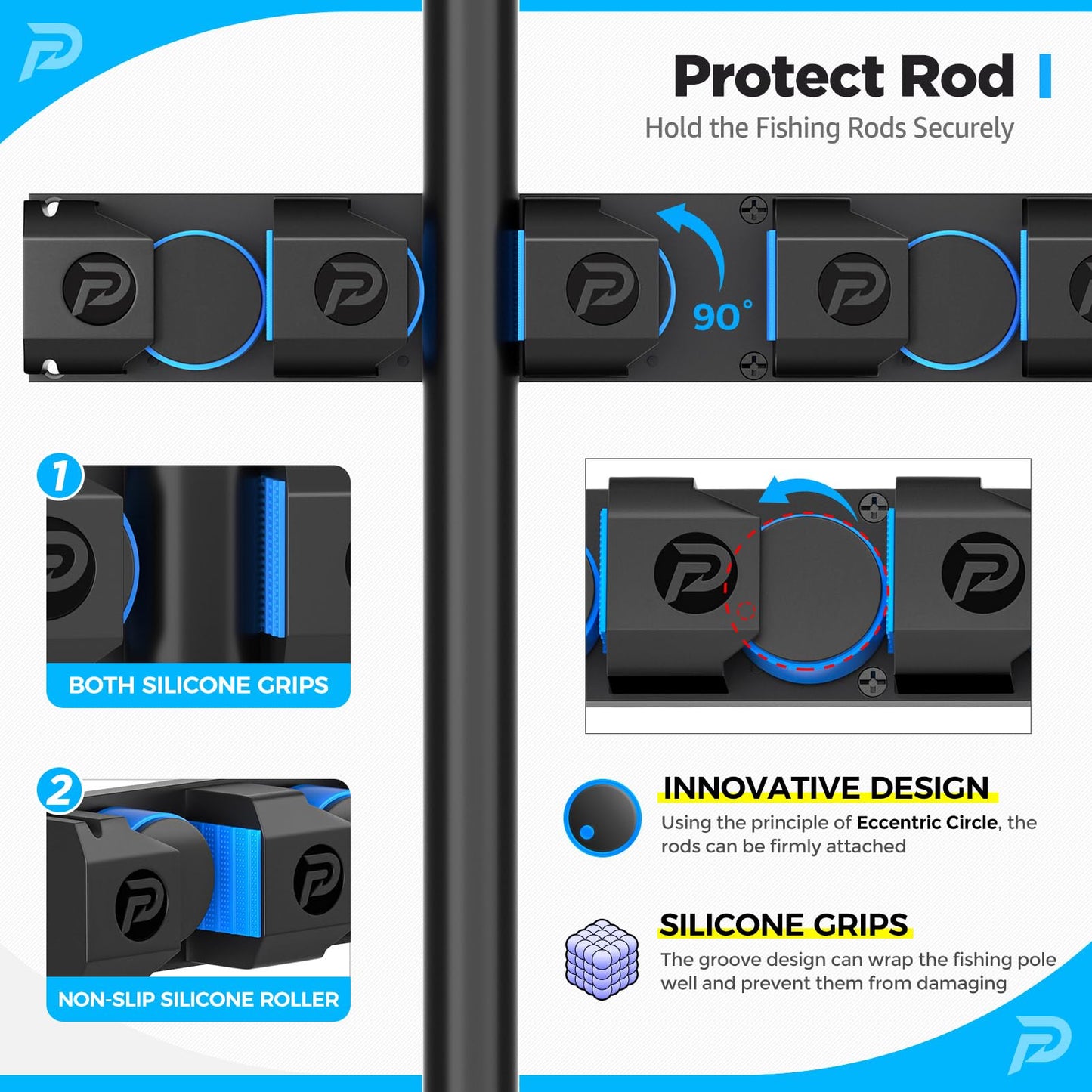 PLUSINNO Fishing Rod Holders - V6 Vertical Support for Extra Large & Heavy Fishing Rod Combos, Garage & Wall Mounted Rack Storage