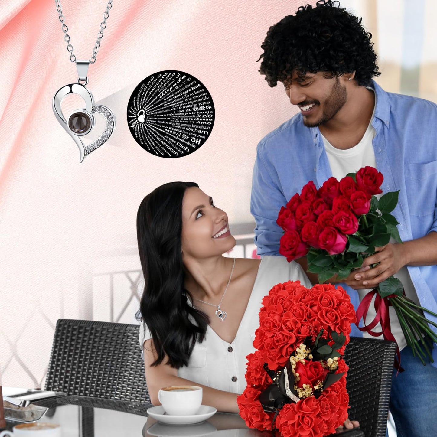 K KYMAKE Valentines Day Gifts for Her Rose Bear with Bouquet and I Love You Necklace in 100 Languages, Birthday Mother’s Day Anniversary Valentines Gifts for Women Girlfriend Mom Wife