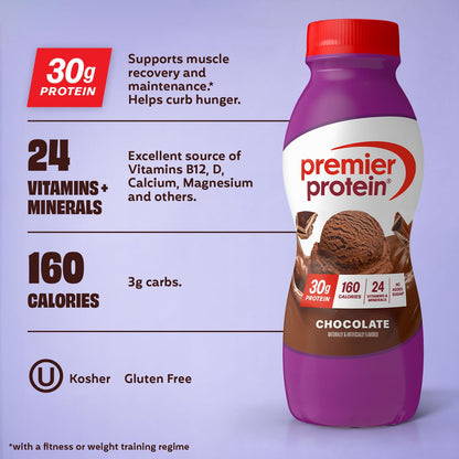 Premier Protein Shake, Chocolate, 30g Protein, No Added Sugar, 24 Vitamins & Minerals to Support Immune Health, 11.5 fl oz, 12 Pack (Packaging May Vary)