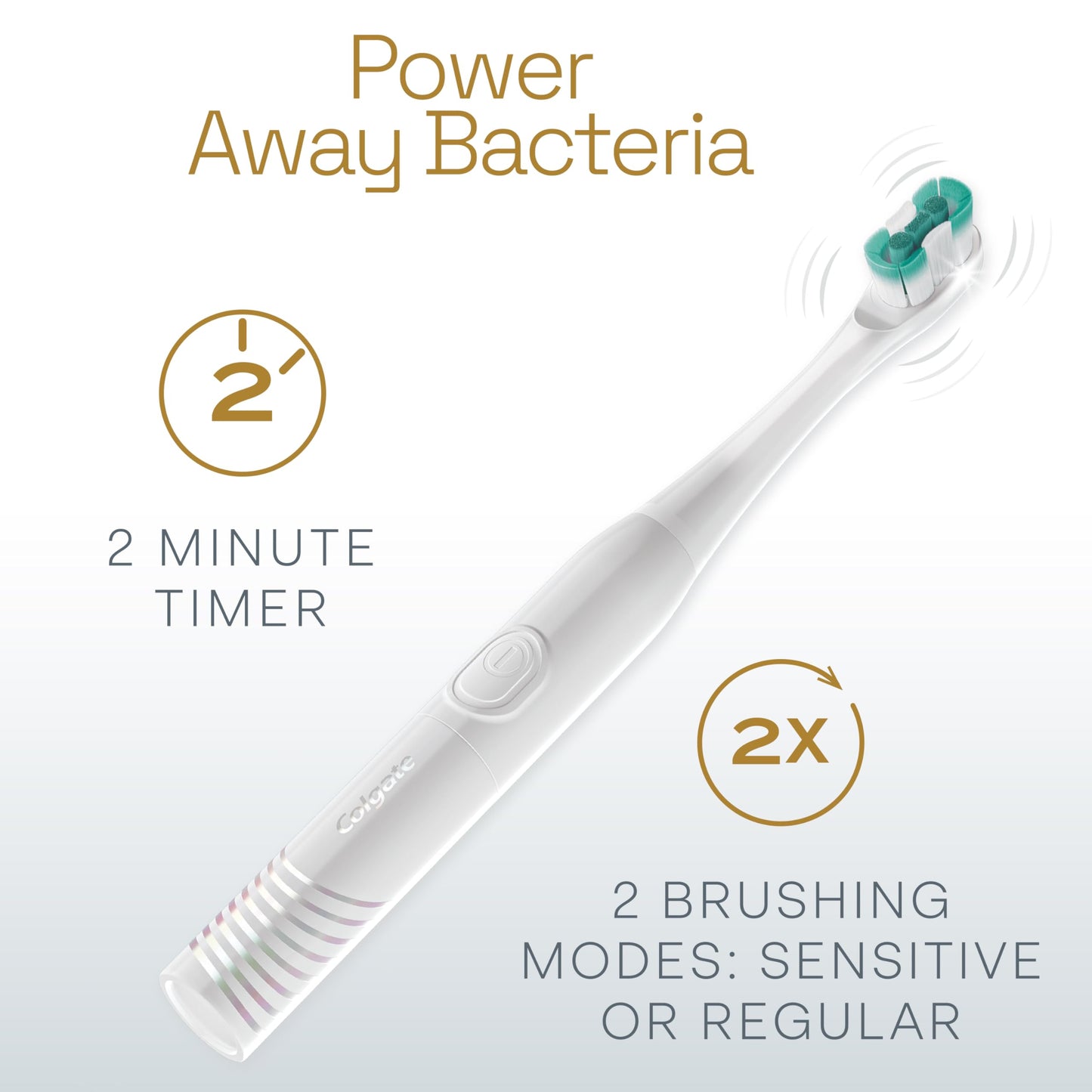 Colgate Total Battery Powered Toothbrush, 1 Pack, Soft Bristled Battery Toothbrush for Adults, Includes 2 AAA Batteries and Built in 2 Minute Timer, Sensitive and Regular Brushing Modes, White