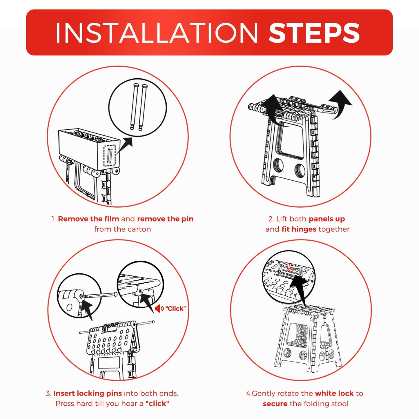 ACKO Folding Step Stool Foldable 16 Inch 400 lbs Capacity, Plastic Stools for Adults and Kids, Collapsible Stools for Kitchen, Stepping Stool with Handle, Black, 1 PC