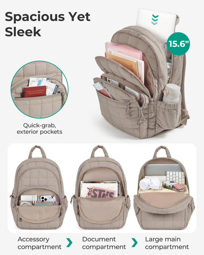 BAGSMART College Laptop Backpack, Travel Backpack for Women, Quilted Casual Daypack, Water-Resistant Bookbag for 15.6 Inch Laptop, Camel