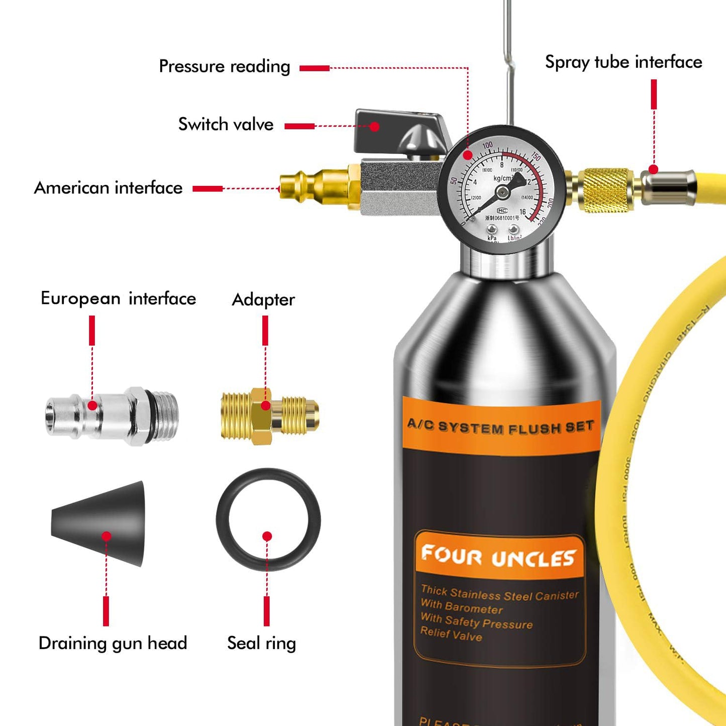 FOUR UNCLES AC Flush Kit, A/C Air Conditioner System Flush Canister Kit Clean Tool Set R134a R12 R22 R410a R404a for Auto Car