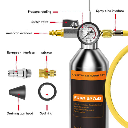 FOUR UNCLES AC Flush Kit, A/C Air Conditioner System Flush Canister Kit Clean Tool Set R134a R12 R22 R410a R404a for Auto Car