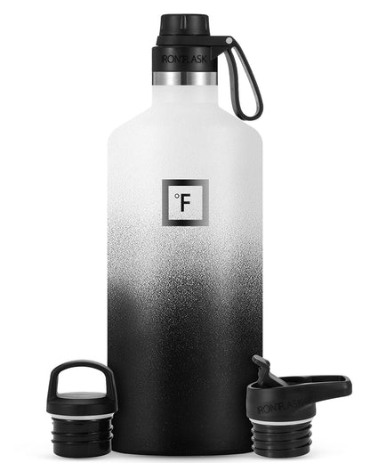 IRON °FLASK Camping & Hiking Hydration Canteens - 3 Lids (Narrow Spout Lid) Leak Proof Vacuum Insulated Stainless Steel - Hot & Cold Double Walled Sports Water Bottle - Day & Night, 64 Oz