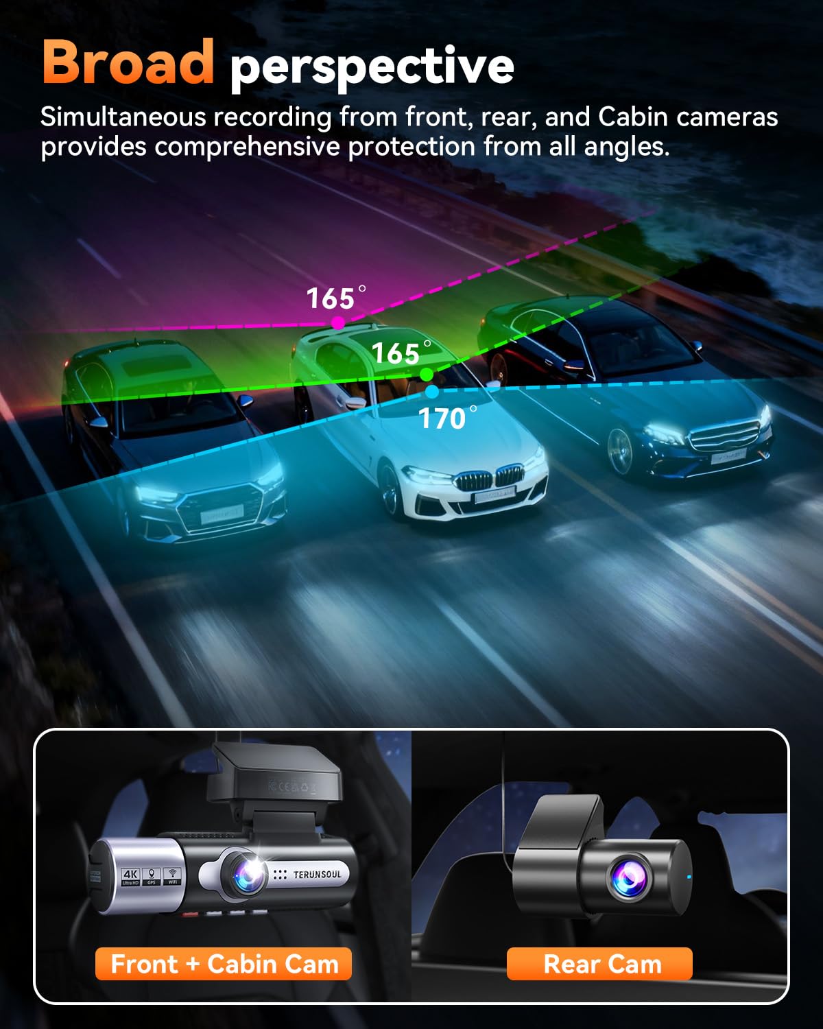 TERUNSOUl 4K Dash Cam Front and Rear, Full HD 3 Channel Dashcam, Free 128GB MicroSD Card, Built-in 5.8GHz WiFi Built-in GPS, Collision Sensor, Night Vision, HDR, 3.16" IPS, 24H Parking Mode（Black）