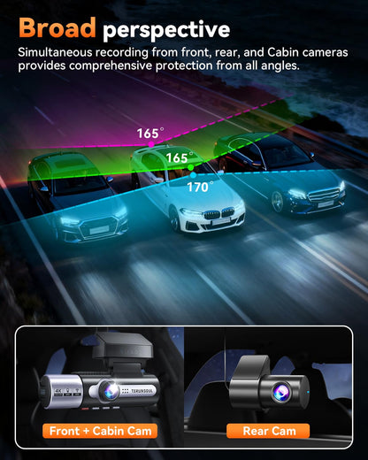 TERUNSOUl 4K Dash Cam Front and Rear, Full HD 3 Channel Dashcam, Free 128GB MicroSD Card, Built-in 5.8GHz WiFi Built-in GPS, Collision Sensor, Night Vision, HDR, 3.16" IPS, 24H Parking Mode（Black）