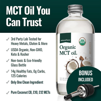 Natural Force Organic MCT Oil – Pure Glass Bottle – Made from 100% Virgin Coconut Oil + Certified Keto, Paleo, Kosher, Vegan & Non-GMO – Lab Tested for Quality and Purity - 32 Ounce