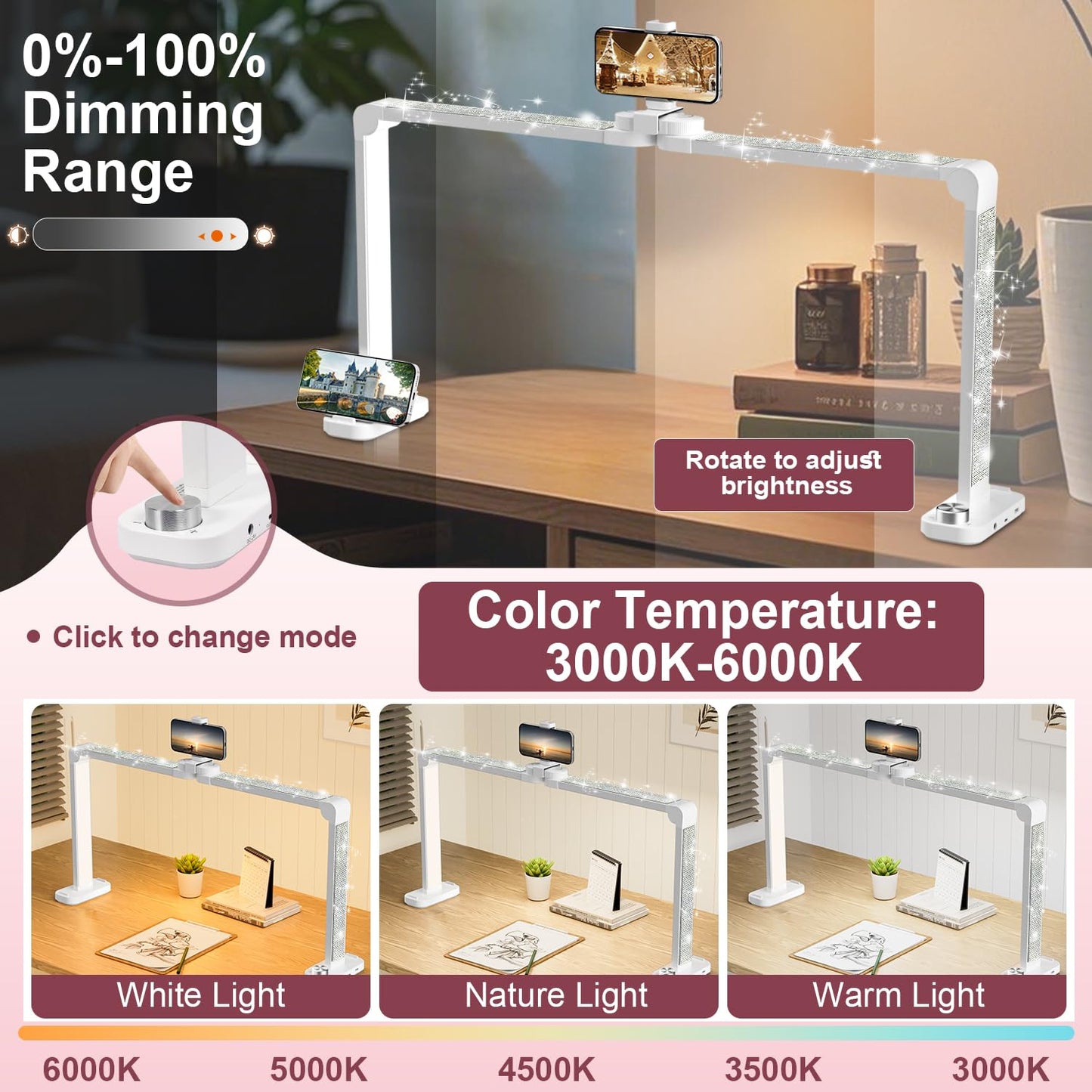 iVict Nail Desk Lamp, 34" Nails Tech Light with Phone Stand, 0-100% Adjustable Brightness, 3000K-6000K Color Temperature Led Desk lamp for Nail, Tattoos, Eyebrows, Beauty(Diamond, Large)