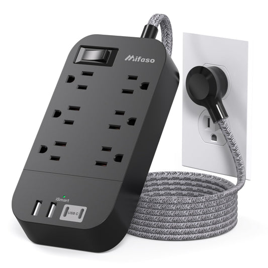 Extension Cord 15 FT, Flat Plug Power Strip, Long Extension Cord with Multiple Outlets with 6 Outlets 4 USB Ports(2 USB C), USB Power Strip for Home, Office, Dorm Room Essentials, College, Black