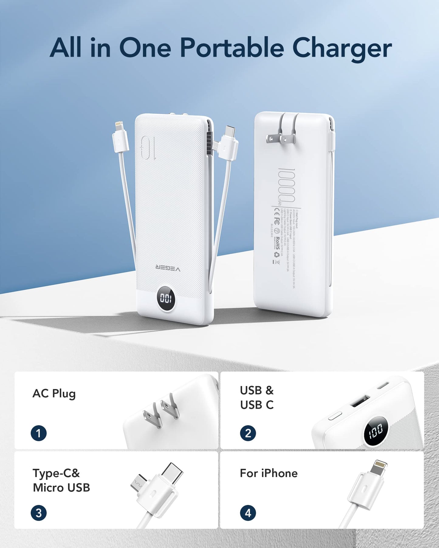 VEGER Portable Charger for iPhone Built in Cables and Wall Plug, 10000mah Slim Fast Charging USB C Power Bank, Travel Essential Battery Pack Compatible with iPhones, iPad, Samsung More Devices(White)