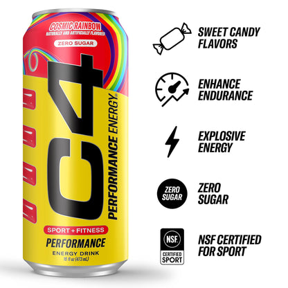 Cellucor C4 Performance Energy Drink | Cosmic Rainbow | Zero Sugar Carbonated Preworkout Energy | 200mg Caffeine with Beta Alanine | 16 Fl Oz (12 Pack), Packaging May Vary