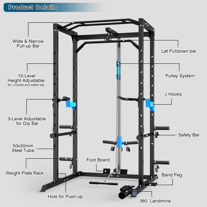 ULTRA FUEGO Power Cage, Multi-Functional Power Rack with J-Hooks, Dip Handles, Landmine Attachment and Optional Cable Pulley System for Home Gym (Power Cage with Pulley System)