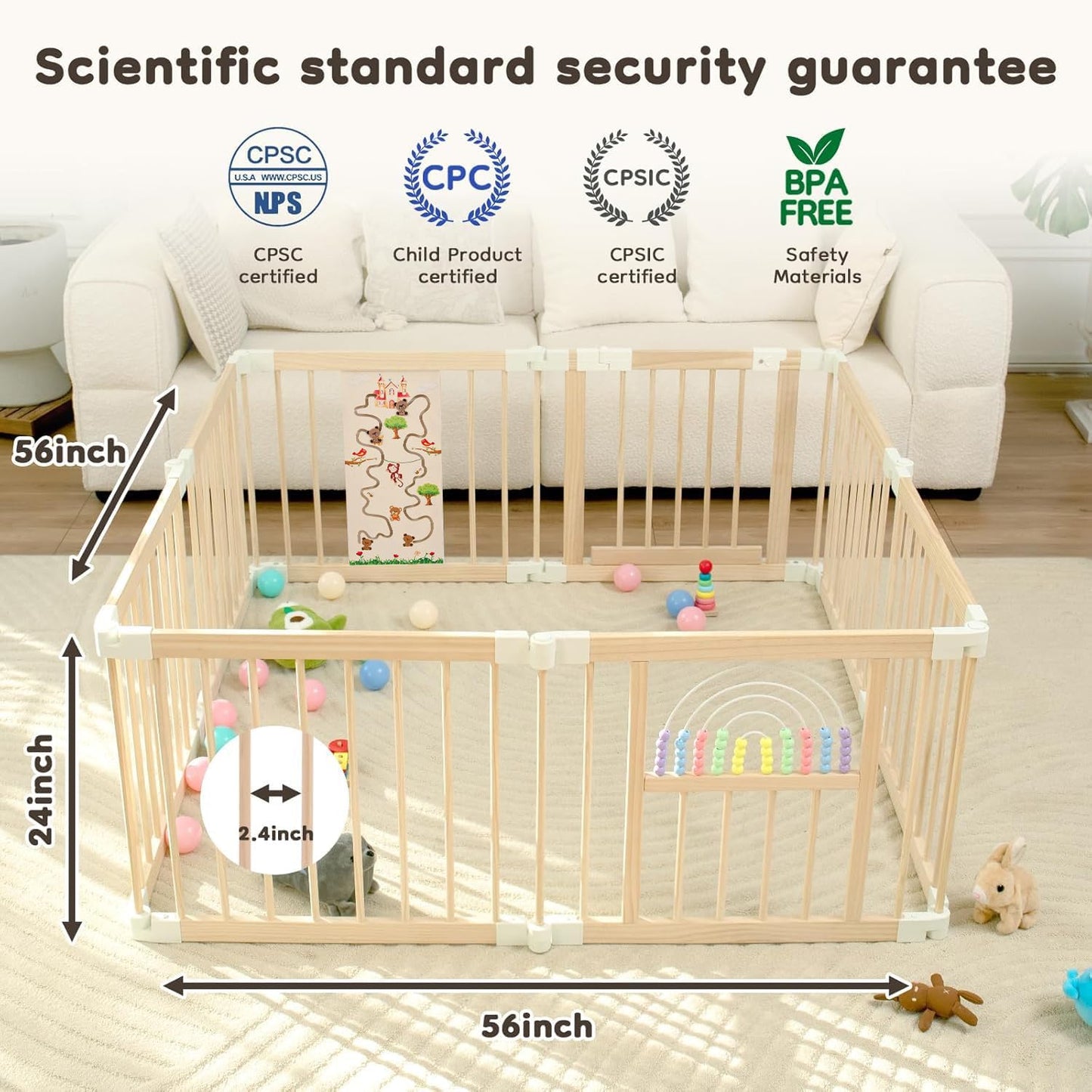 Ulnxiy Foldable Wooden Baby Playpen Activity Center,Adjustable Size & Shape Portable Play Yard, Baby Fence Play Area with Gate for Indoor Use for Babies and Toddlers(56x56x24inches)