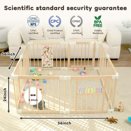 Ulnxiy Foldable Wooden Baby Playpen Activity Center,Adjustable Size & Shape Portable Play Yard, Baby Fence Play Area with Gate for Indoor Use for Babies and Toddlers(56x56x24inches)