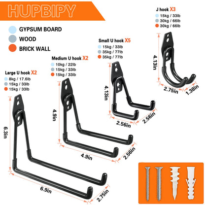 HUPBIPY 12 Pack Garage Hooks Heavy Duty,Utility Steel Garage Storage Hooks,Wall Mount Garage Hanger&Organizer for Organizing Power Tools,Ladders,Bulk Items,Bikes,Ropes and More Equipment