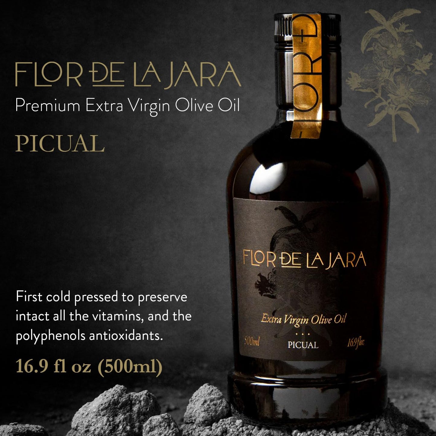 FLOR DE LA JARA Premium Extra Virgin Olive Oil, Spanish, Polyphenol-Rich, Cold Pressed, Monovarietal Picual, Hand-Harvested Olives, Family-Owned Grove, Latest Harvest, 16. 9oz.