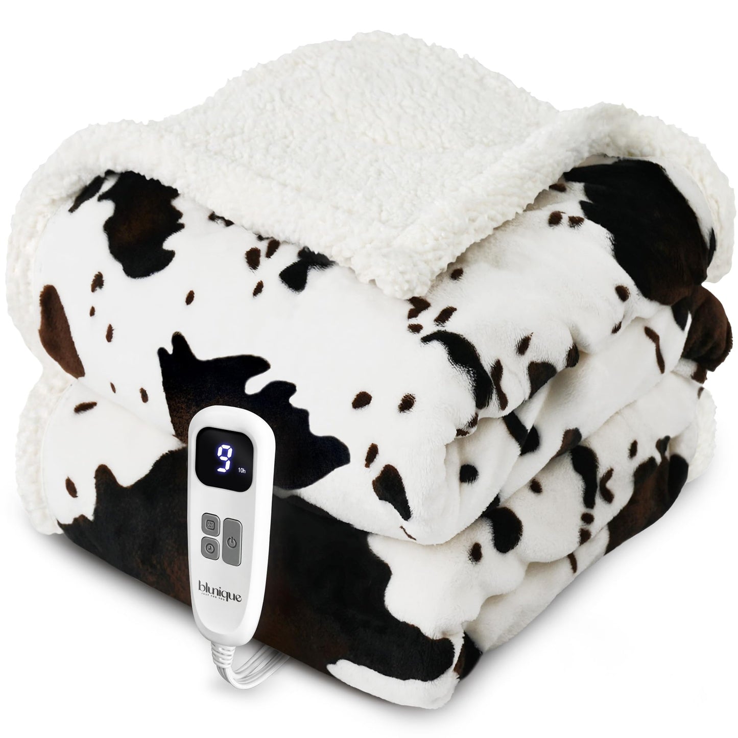 blunique Cow Print Heated Blanket Twin-Heating Electric Blanket Twin with 10 Heat Levels & 10 Hours Auto-Off, Cozy Soft Fleece Sherpa, Washable, 62 x 84 Inches Cow Print White