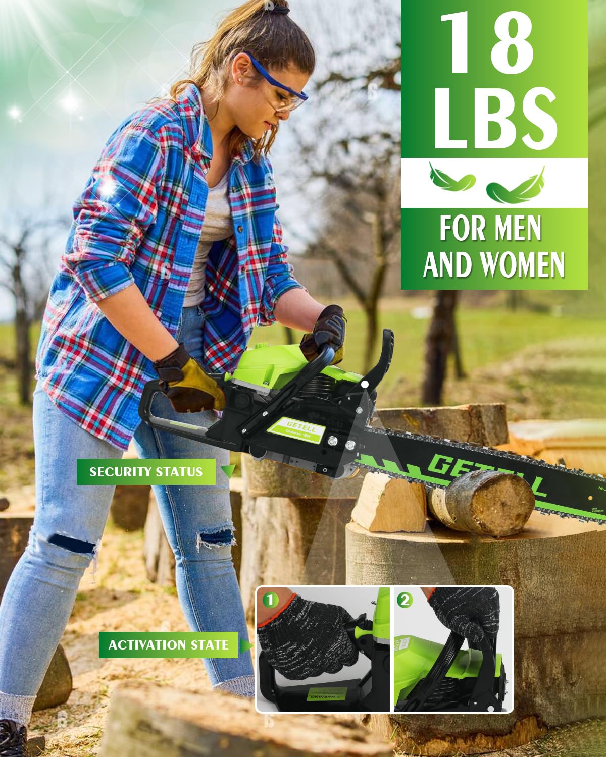 Snoonwee Gas Powered Chainsaw with 20 and 18 Inch Bar Dual System, 58cc 3.6 HP Professional 2-Stroke Engine, Easy Start and Anti-Vibration for Farm Ranch or Heavy Duty Wood Cutting (Green)