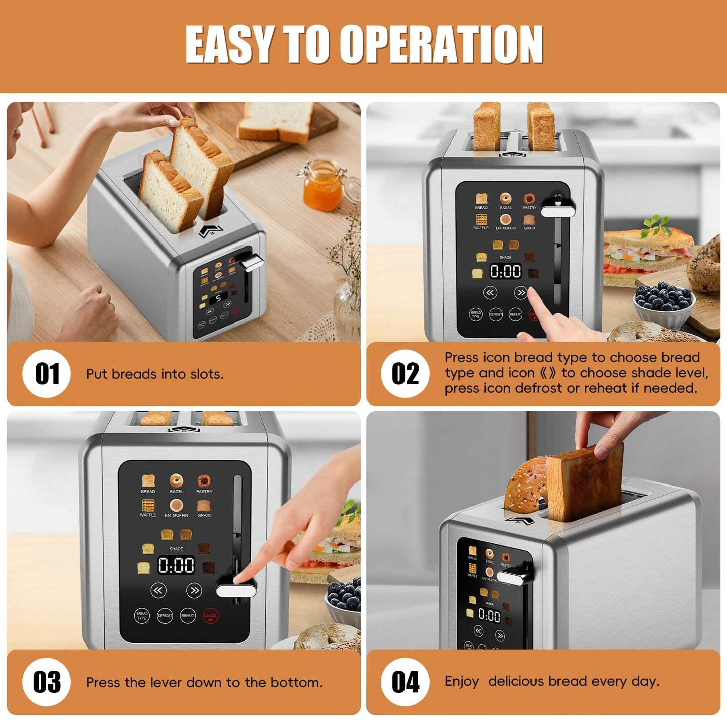 WUNLY Touch screen Toaster 2 slice,Stainless Steel Digital Timer Toasters with Sound Function,6 Bread Types & 6 Shade Settings,Smart Extra Wide Slots Toaster with Bagel,Defrost Functions