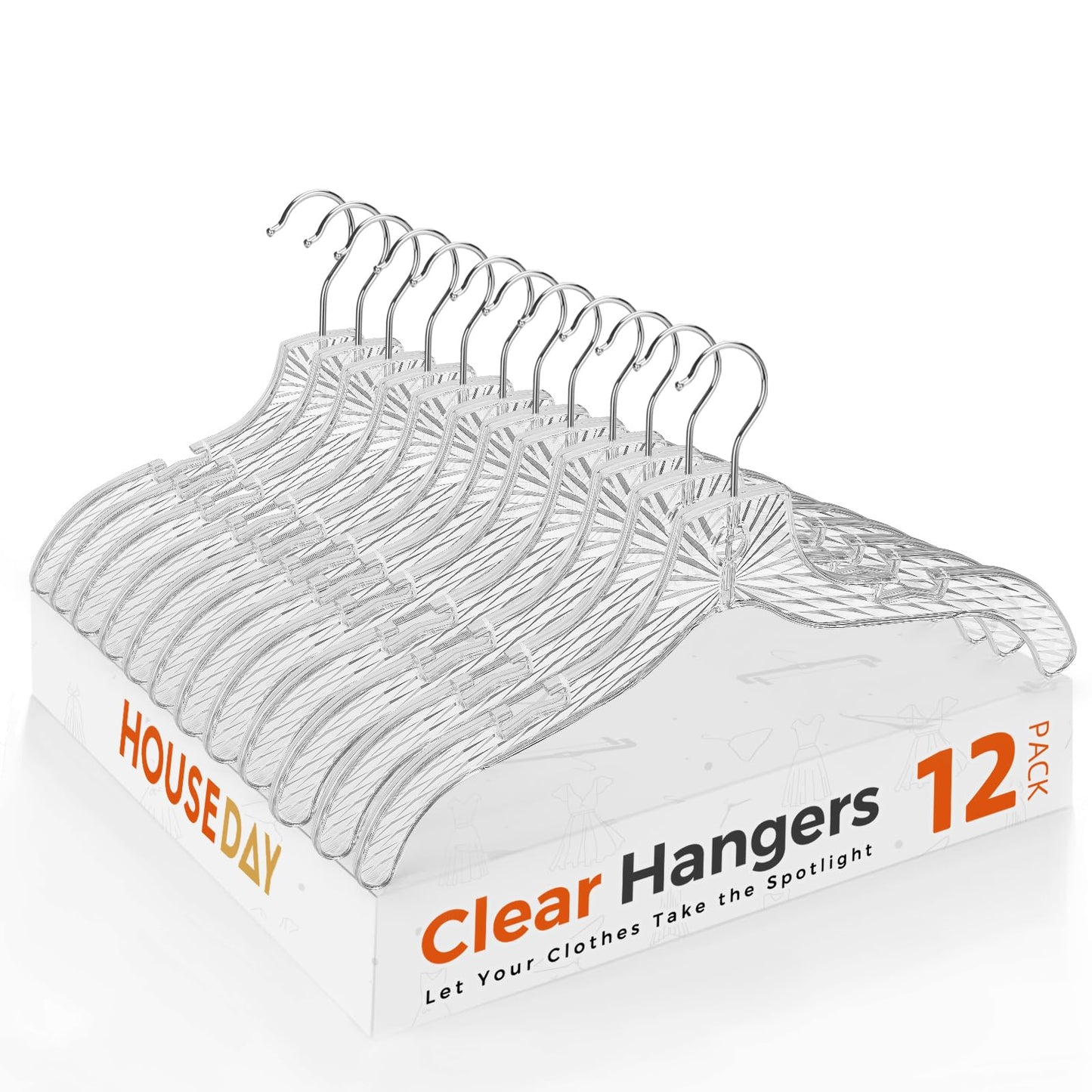 HOUSE DAY Clear Plastic Hangers 12 Pack, Durable Crystal Hangers for Clothes, Light Weight Plastic Dress Hanger for Women, Versatile 16.7‘’ Hanger for Closet and Retail Use, with 360° Swivel Hook