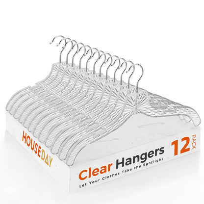 HOUSE DAY Clear Plastic Hangers 12 Pack, Durable Crystal Hangers for Clothes, Light Weight Plastic Dress Hanger for Women, Versatile 16.7‘’ Hanger for Closet and Retail Use, with 360° Swivel Hook