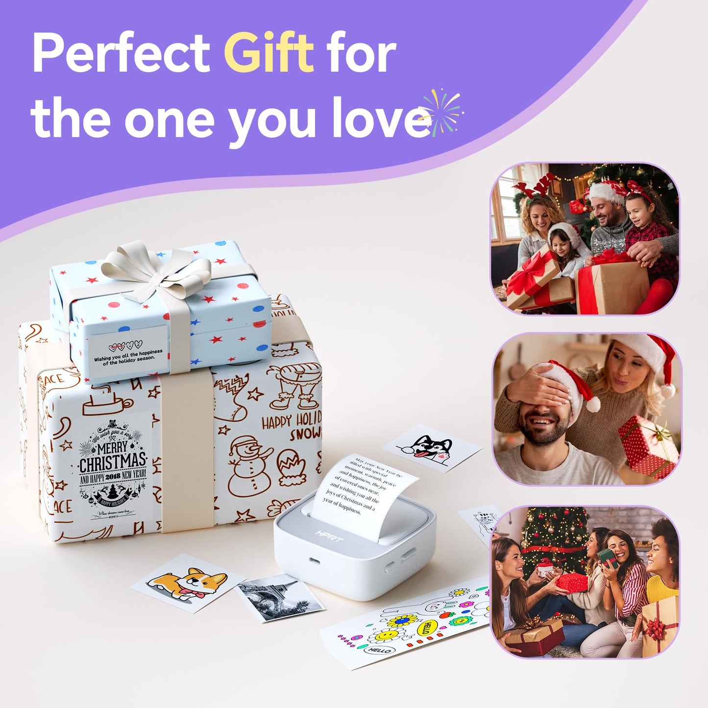 HPRT Mini Printer Sticker Maker with 1 Rolls Paper, Bluetooth Portable Thermal Printer, Print Pods Printer for Pictures, Study Notes, Kid's DIY Creation, Memo, List, Compatible with Phone