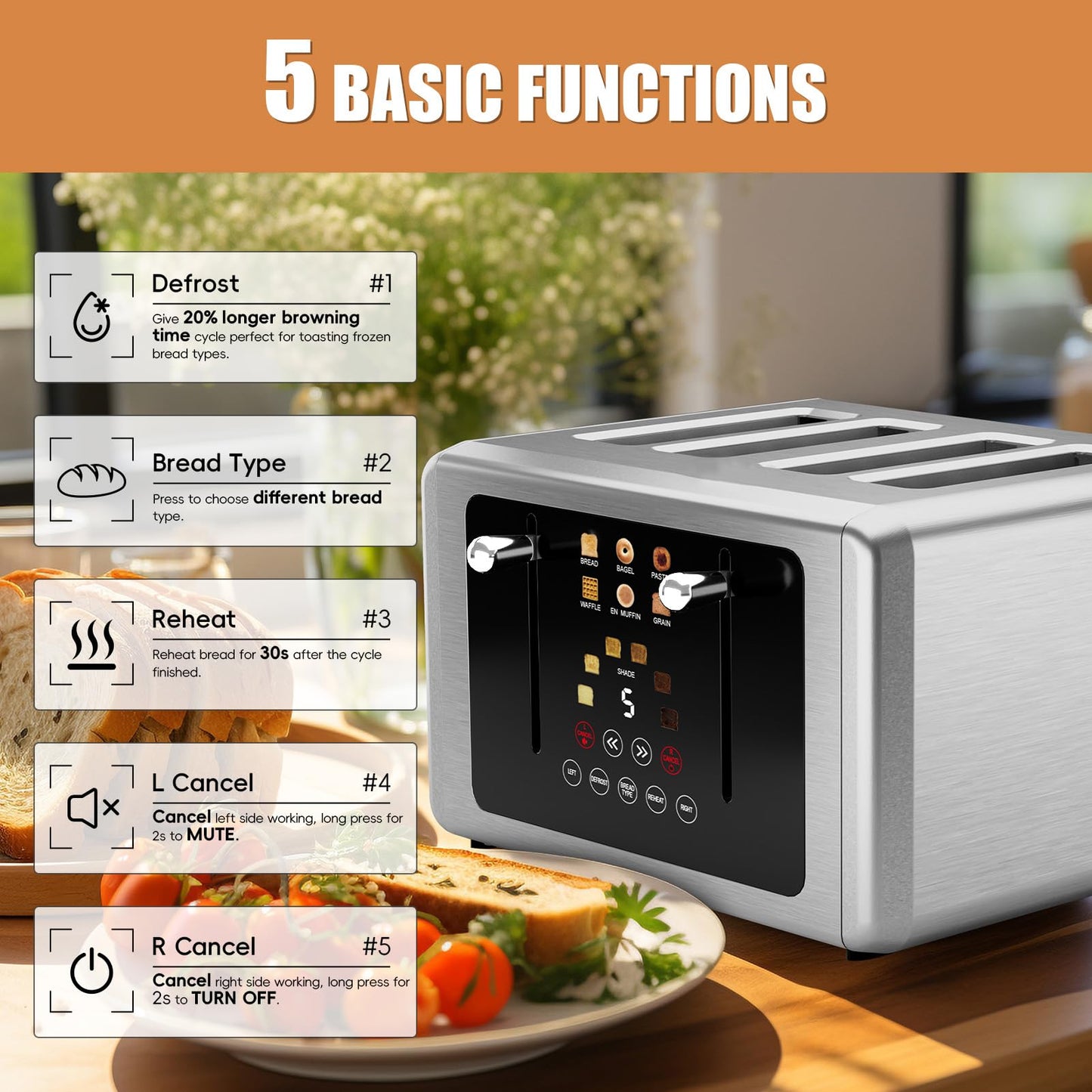 WUNLY 4 Slice Toaster, Touchscreen & Dual Independent Control Panel，5 Basic Functions & Digital Countdown Toasters, 6 Shade Settings＆6 Bread Types, Smart Bread Toaster Mute/Screen-Off,Silver