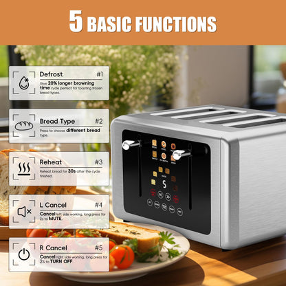 WUNLY 4 Slice Toaster, Touchscreen & Dual Independent Control Panel，5 Basic Functions & Digital Countdown Toasters, 6 Shade Settings＆6 Bread Types, Smart Bread Toaster Mute/Screen-Off,Silver
