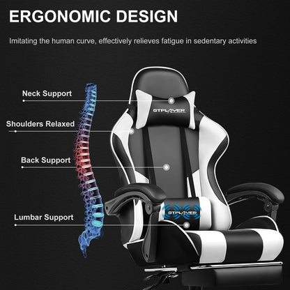 GTPLAYER Gaming Chair, Computer Chair with Footrest and Lumbar Support, Height Adjustable Game Chair with 360°-Swivel Seat and Headrest and for Office or Gaming (White)