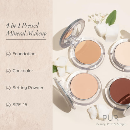 PUR Beauty 4-in-1 Pressed Mineral Makeup Powder Foundation with SPF 15 - Concealer & Finishing Compact Pressed Powder for Face - Buildable Medium to Full Coverage Foundation Powder (Linen)
