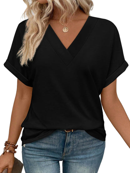 WIHOLL Plus Size Spring Clothes for Women 2025 Summer Trendy Short Sleeve Shirts V Neck Gym Yoga Workout Black 2XL