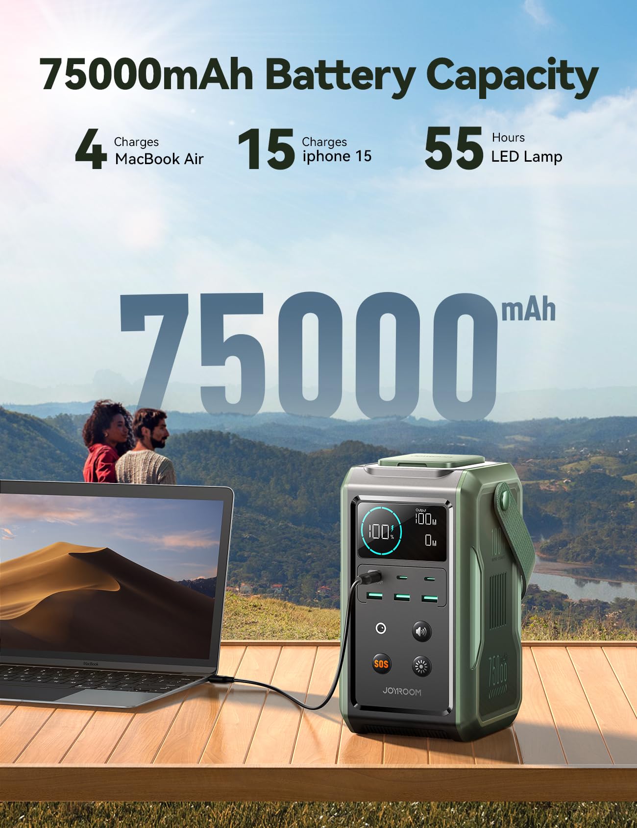 JOYROOM Portable Power Station 75000mAh，Outdoor 240Wh Battery (LED Light and SOS Mode) QC3.0 100W Fast Charging, for Camping, Traveling, and Emergencies